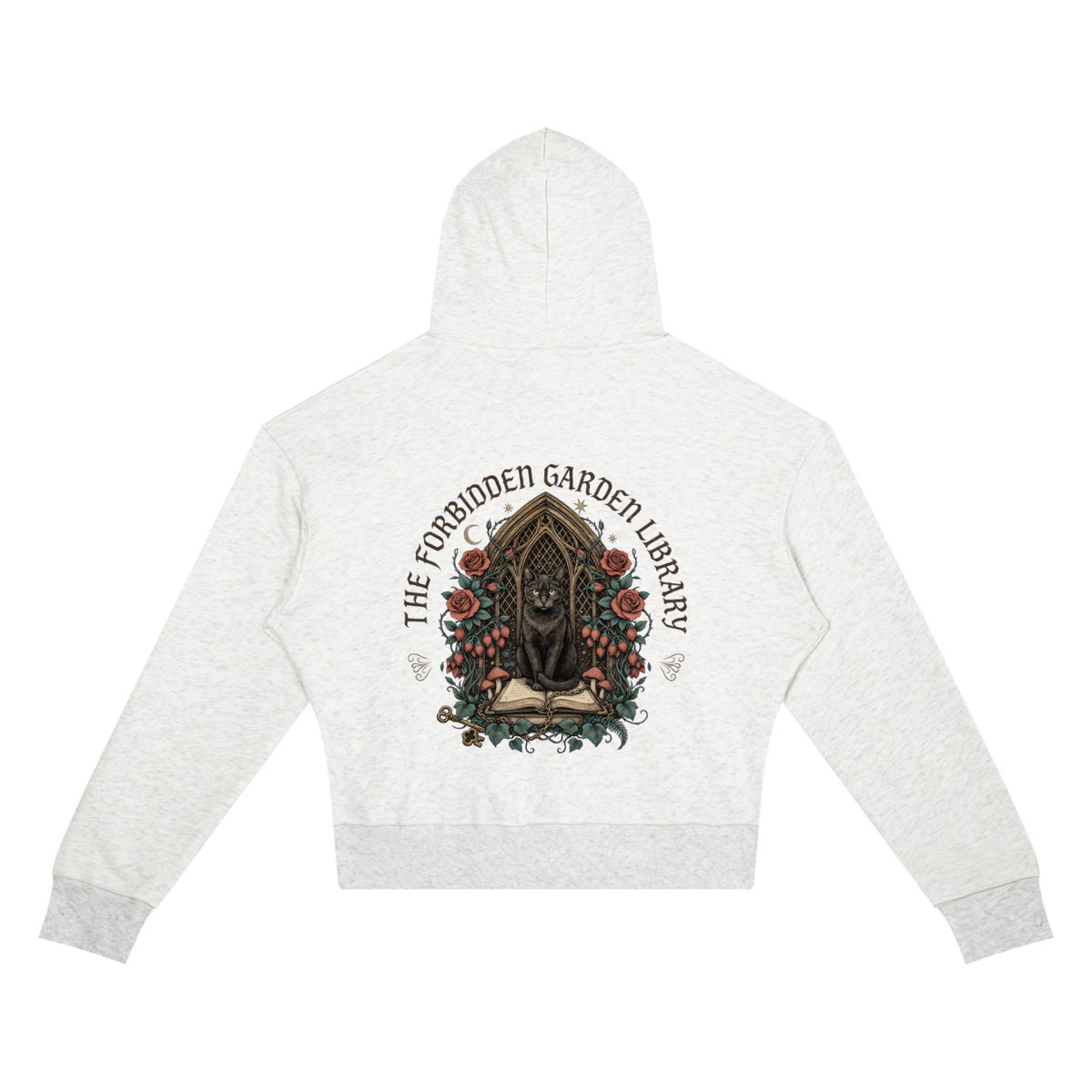 Women’s cropped drop-shoulder hoodie with a black cat in a gothic garden library doorway, The Forbidden Garden Library back print