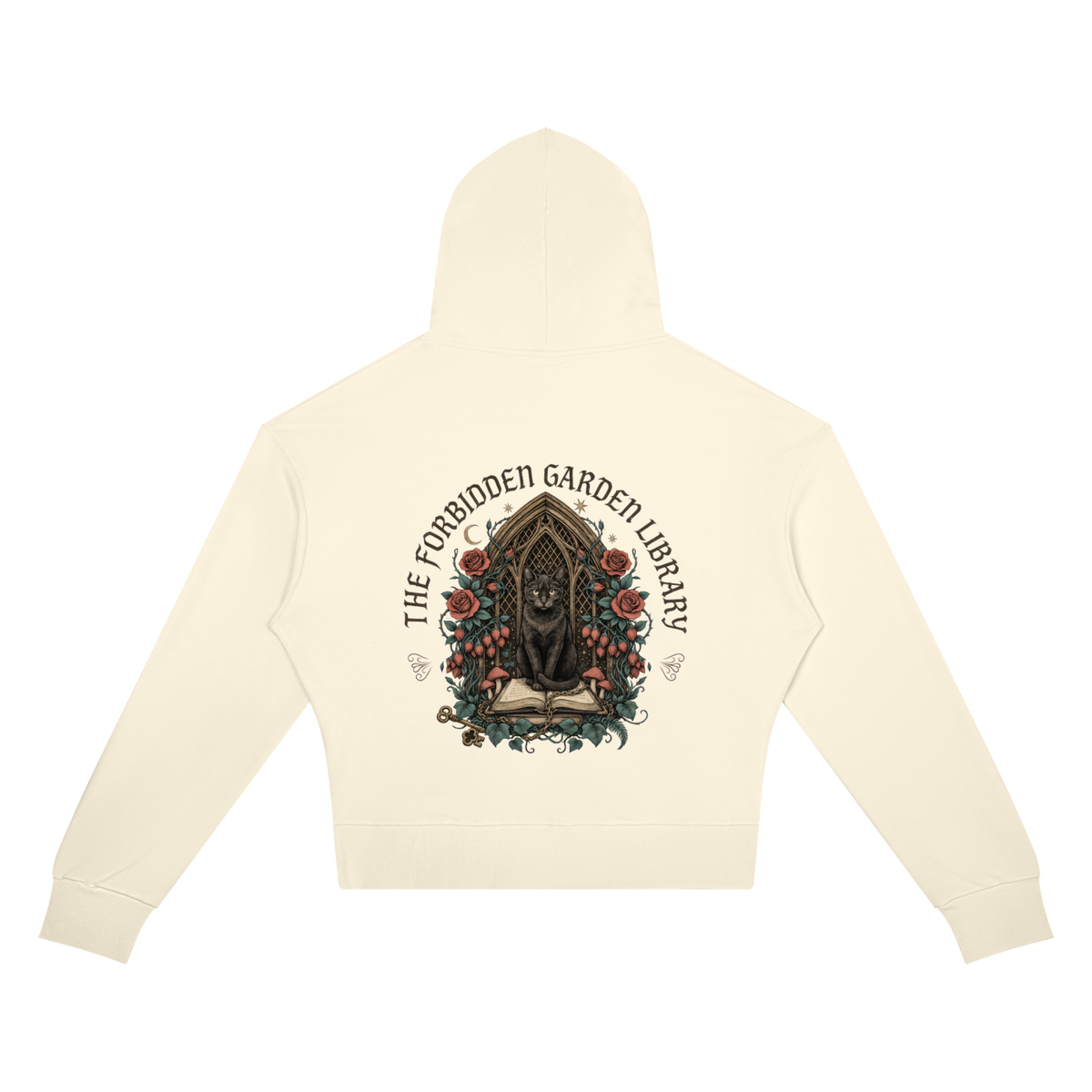 Women’s cropped drop-shoulder hoodie with a black cat in a gothic garden library doorway, The Forbidden Garden Library back print