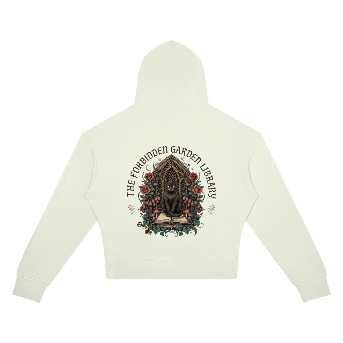 Women’s cropped drop-shoulder hoodie with a black cat in a gothic garden library doorway, The Forbidden Garden Library back print