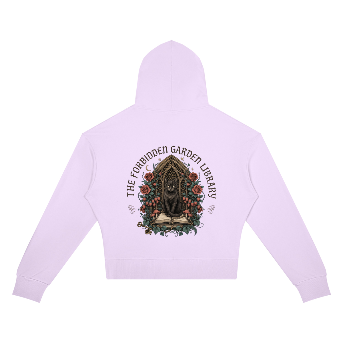 Women’s cropped drop-shoulder hoodie with a black cat in a gothic garden library doorway, The Forbidden Garden Library back print