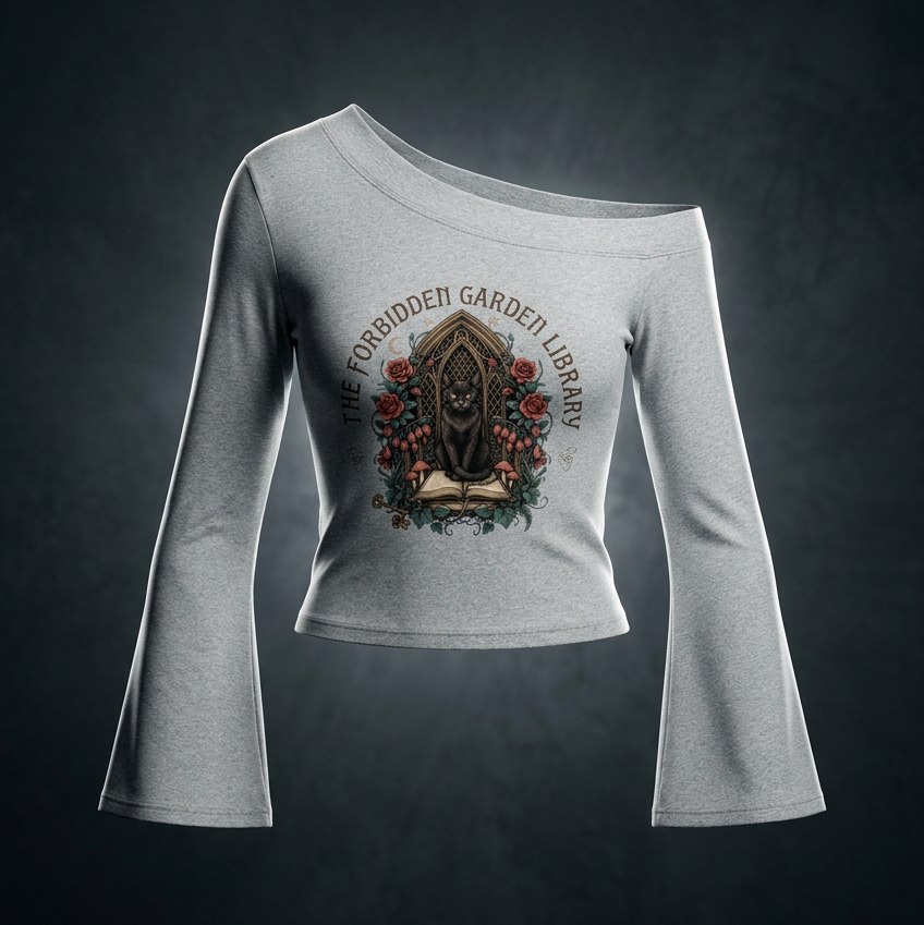 Women’s off-shoulder bell-sleeve top with a black cat in a gothic garden library doorway, The Forbidden Garden Library front print