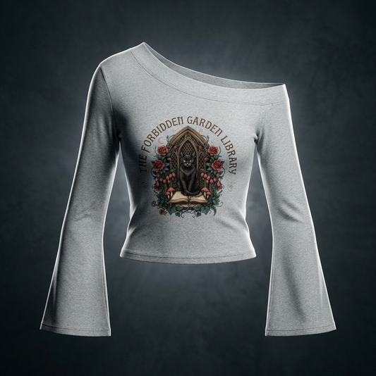 Women’s off-shoulder bell-sleeve top with a black cat in a gothic garden library doorway, The Forbidden Garden Library front print