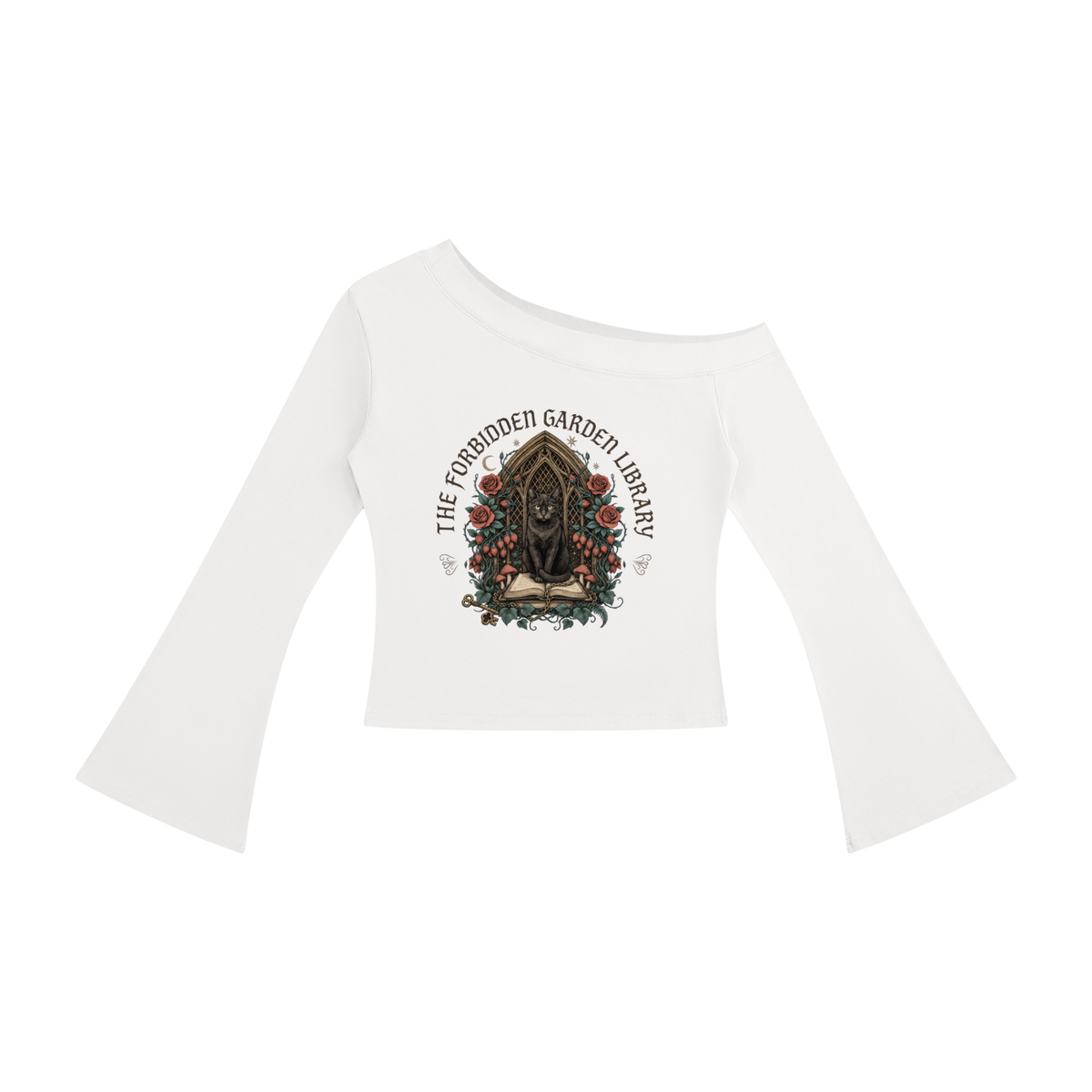 Women’s off-shoulder bell-sleeve top with a black cat in a gothic garden library doorway, The Forbidden Garden Library front print