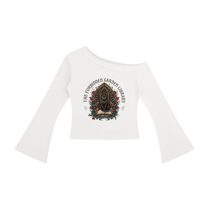 Women’s off-shoulder bell-sleeve top with a black cat in a gothic garden library doorway, The Forbidden Garden Library front print