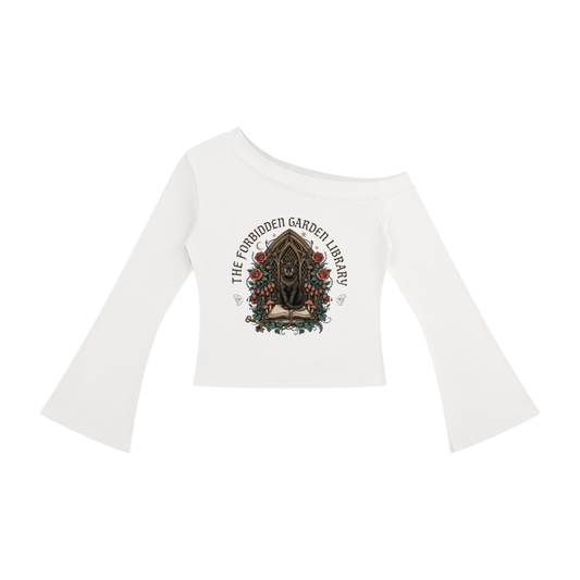 Women’s off-shoulder bell-sleeve top with a black cat in a gothic garden library doorway, The Forbidden Garden Library front print