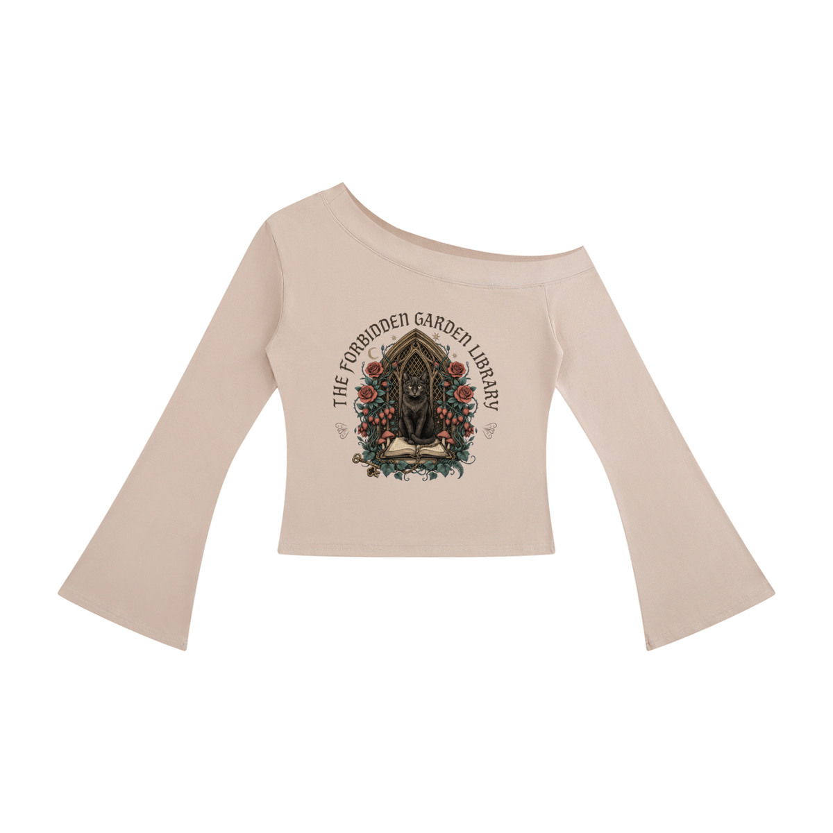 Women’s off-shoulder bell-sleeve top with a black cat in a gothic garden library doorway, The Forbidden Garden Library front print