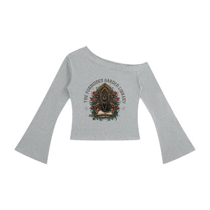 Women’s off-shoulder bell-sleeve top with a black cat in a gothic garden library doorway, The Forbidden Garden Library front print