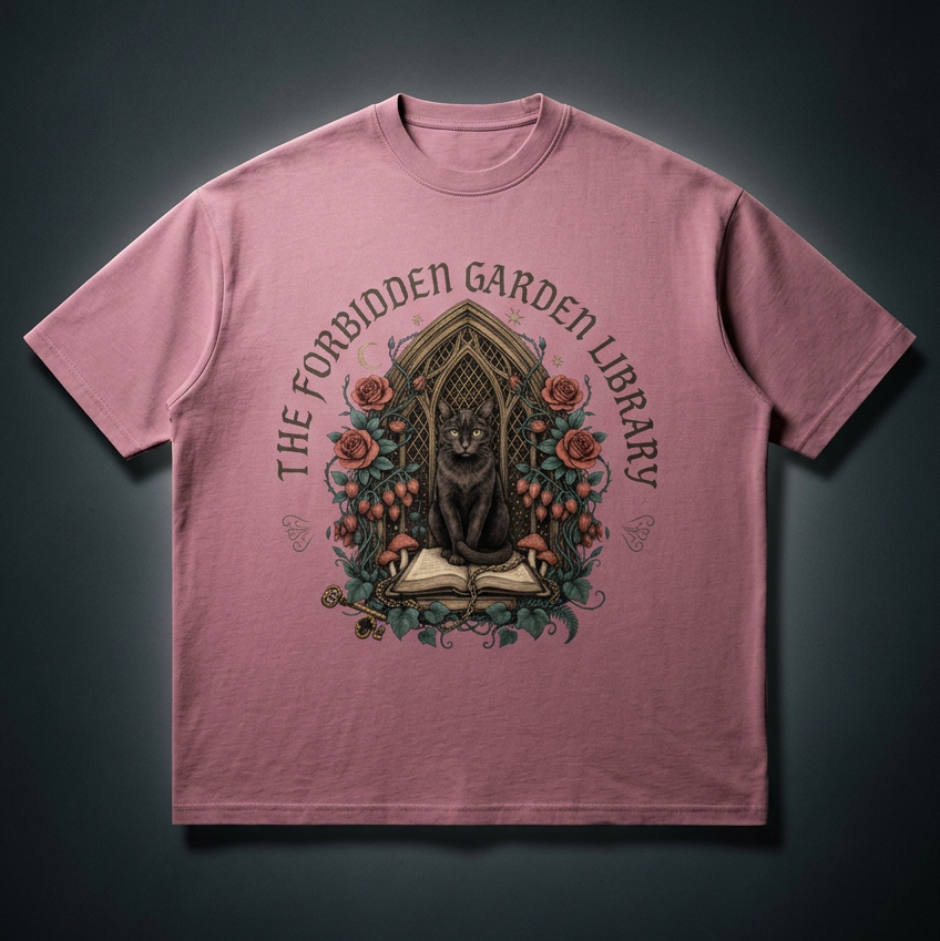 Unisex loose drop-shoulder tee with a black cat in a gothic garden library doorway, The Forbidden Garden Library front print