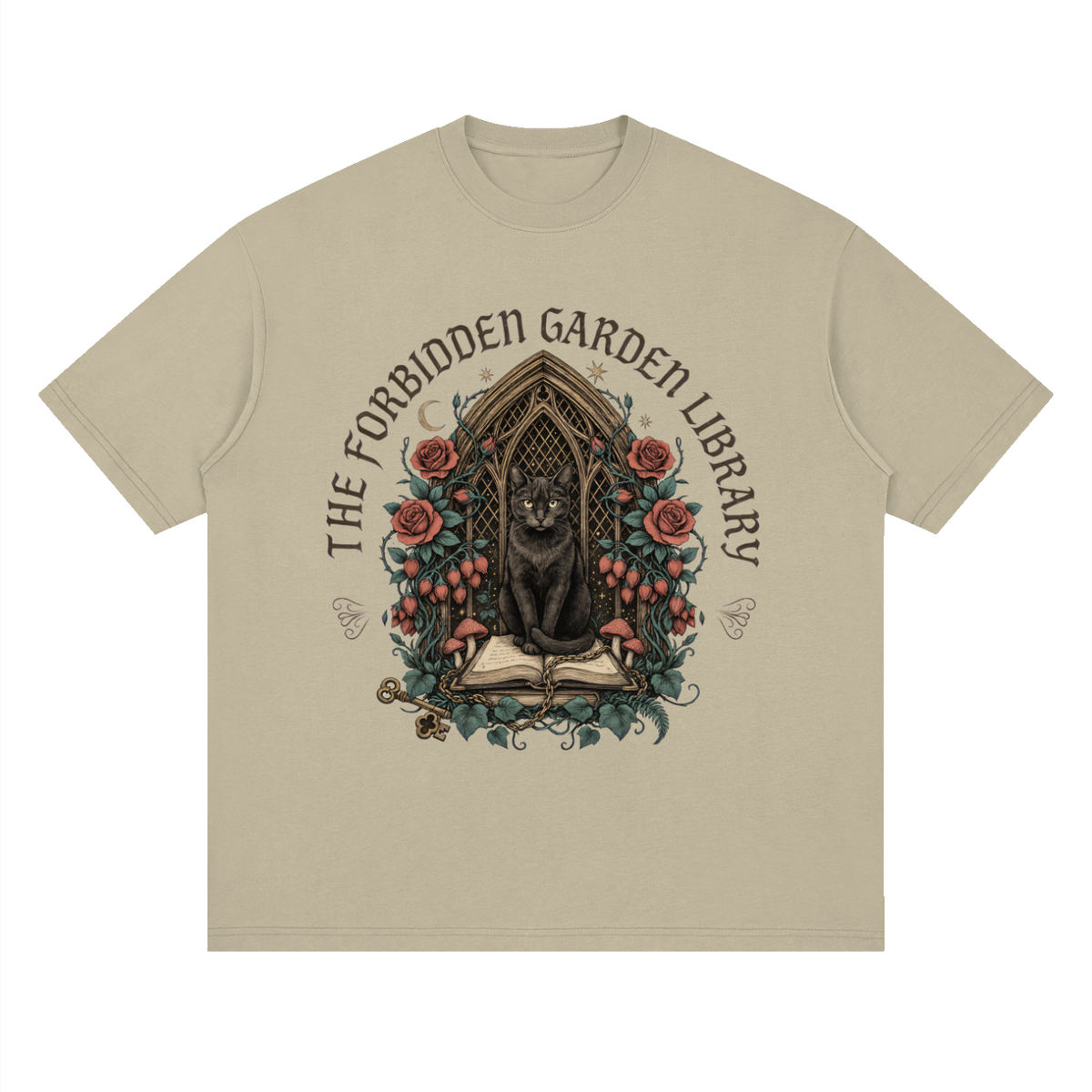 Unisex loose drop-shoulder tee with a black cat in a gothic garden library doorway, The Forbidden Garden Library front print