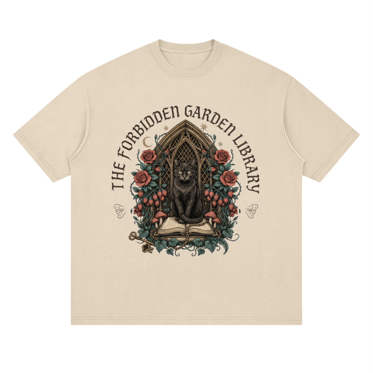 Unisex loose drop-shoulder tee with a black cat in a gothic garden library doorway, The Forbidden Garden Library front print