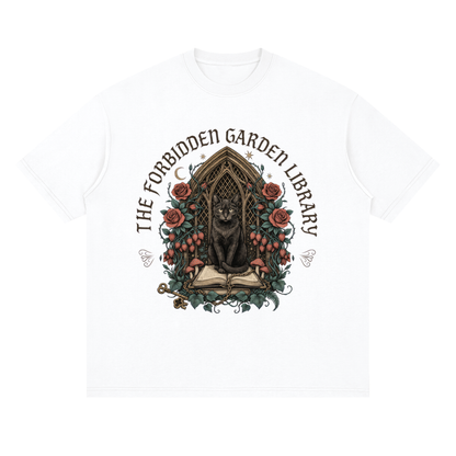 Unisex loose drop-shoulder tee with a black cat in a gothic garden library doorway, The Forbidden Garden Library front print