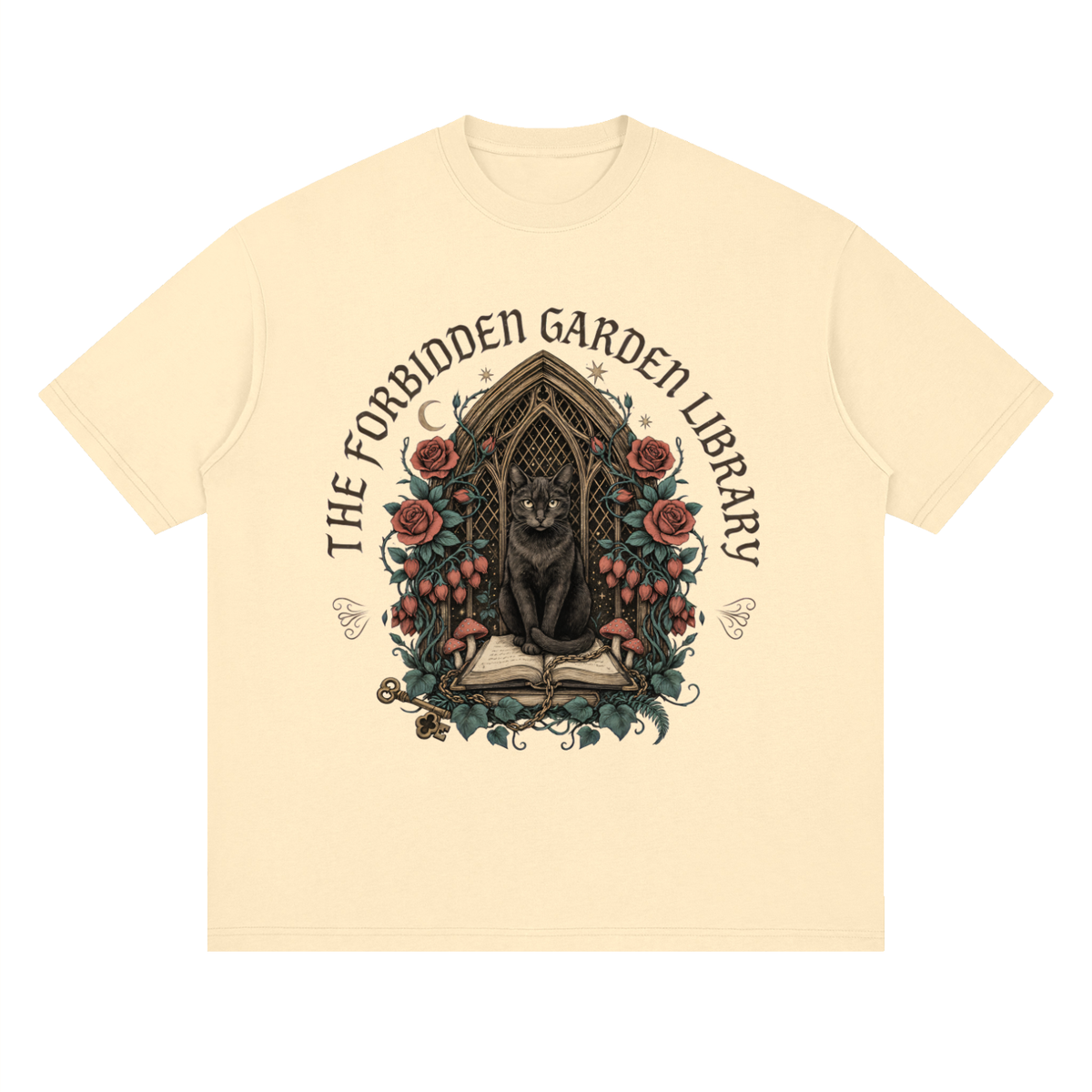 Unisex loose drop-shoulder tee with a black cat in a gothic garden library doorway, The Forbidden Garden Library front print