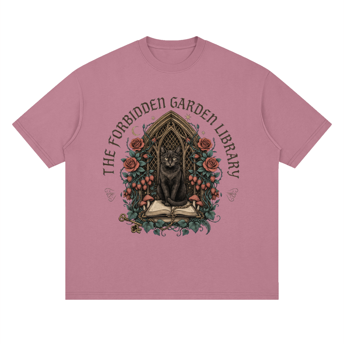 Unisex loose drop-shoulder tee with a black cat in a gothic garden library doorway, The Forbidden Garden Library front print