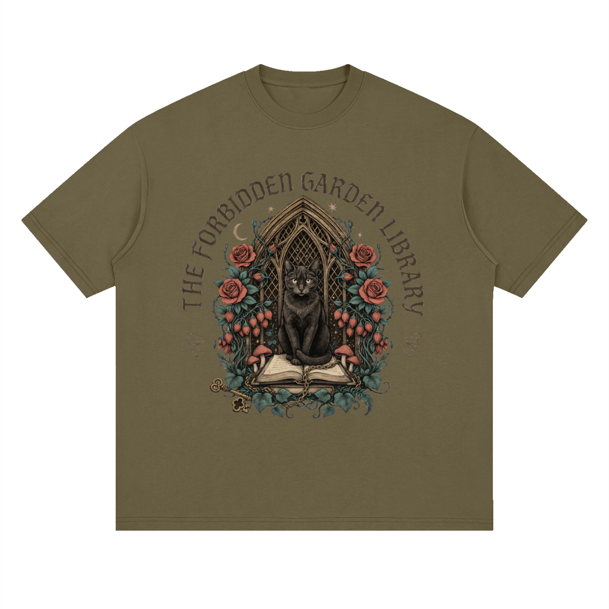 Unisex loose drop-shoulder tee with a black cat in a gothic garden library doorway, The Forbidden Garden Library front print