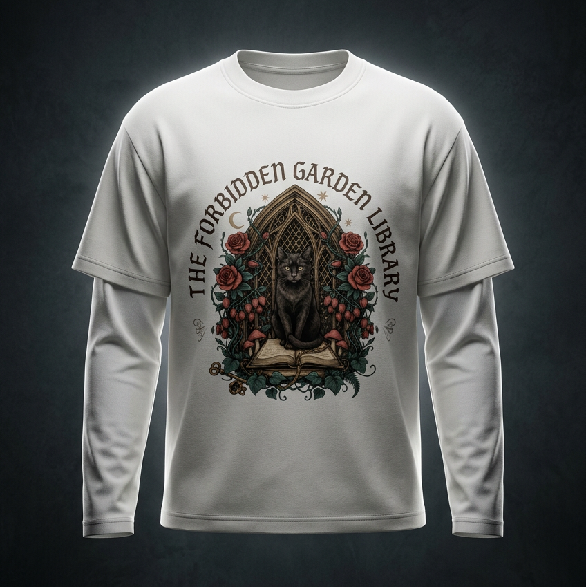 Unisex layered long-sleeve tee with a black cat in a gothic garden library doorway, The Forbidden Garden Library front print