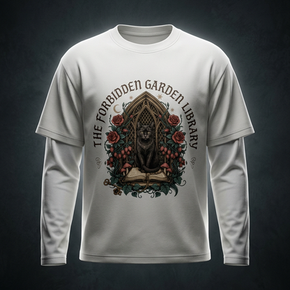 Unisex layered long-sleeve tee with a black cat in a gothic garden library doorway, The Forbidden Garden Library front print