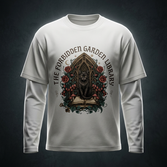 Unisex layered long-sleeve tee with a black cat in a gothic garden library doorway, The Forbidden Garden Library front print