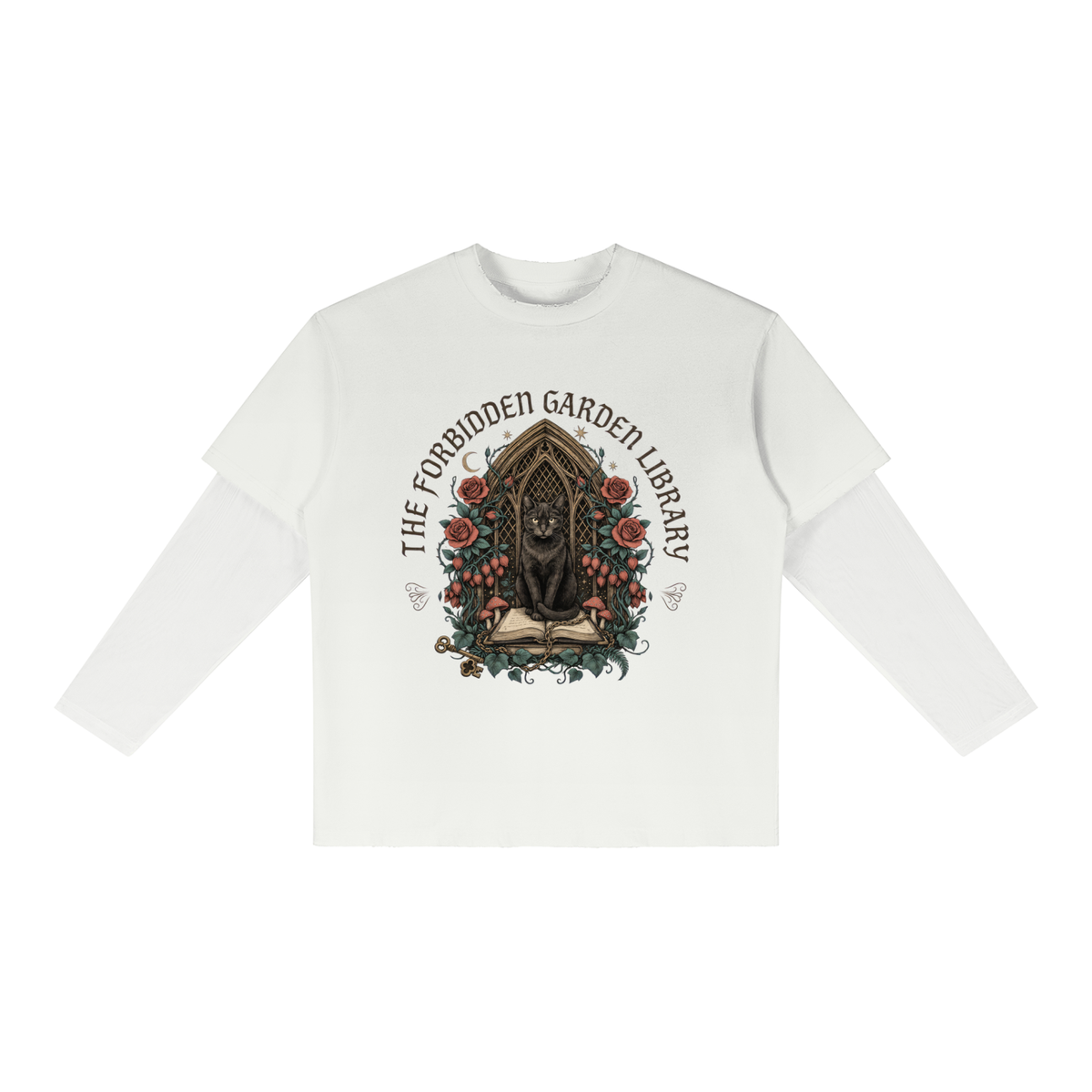 Unisex layered long-sleeve tee with a black cat in a gothic garden library doorway, The Forbidden Garden Library front print