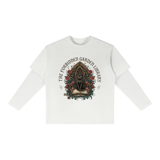 Unisex layered long-sleeve tee with a black cat in a gothic garden library doorway, The Forbidden Garden Library front print