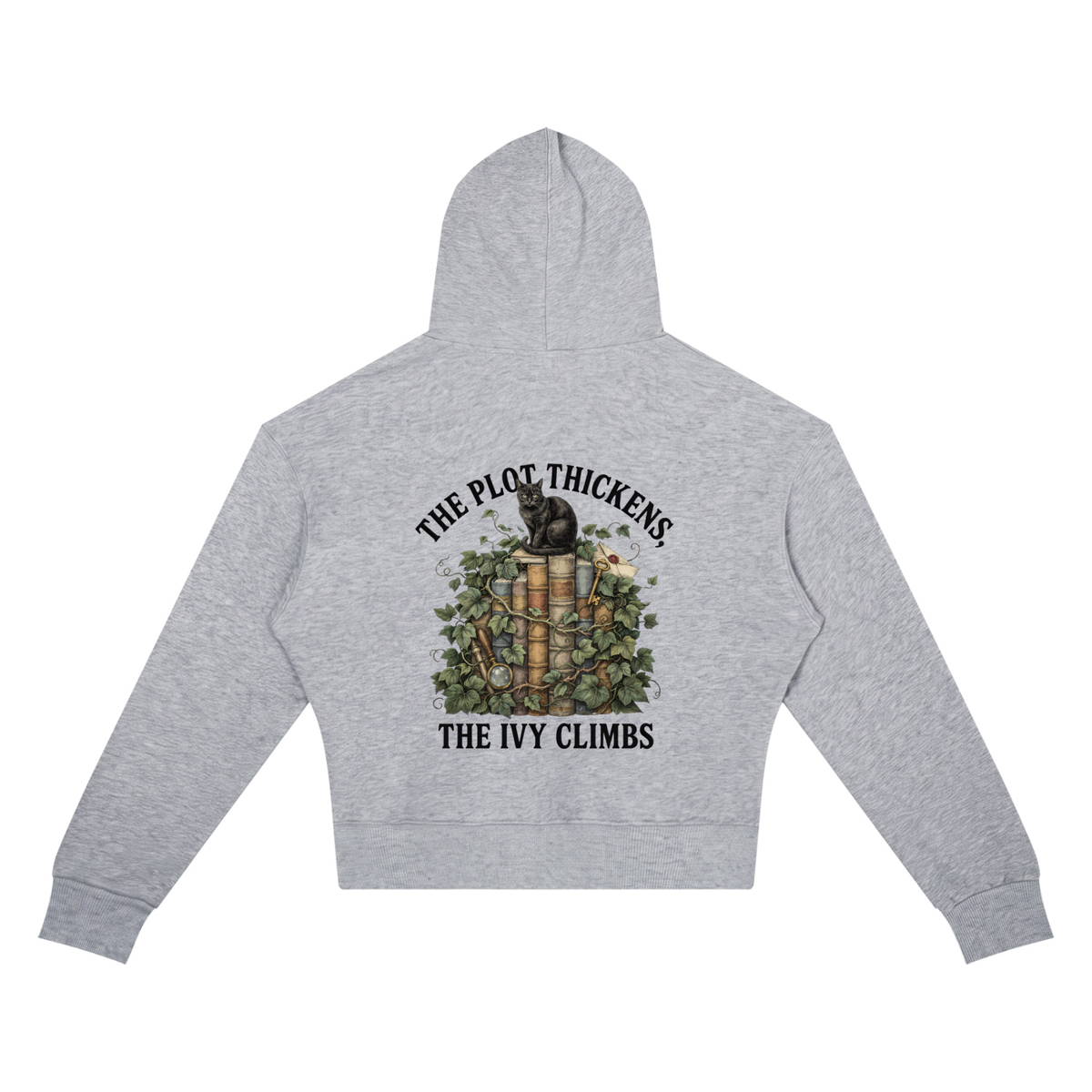 Women’s cropped drop-shoulder hoodie with a black cat on ivy-covered books, The Plot Thickens, The Ivy Climbs back print