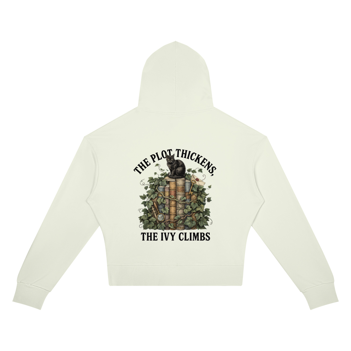 Women’s cropped drop-shoulder hoodie with a black cat on ivy-covered books, The Plot Thickens, The Ivy Climbs back print