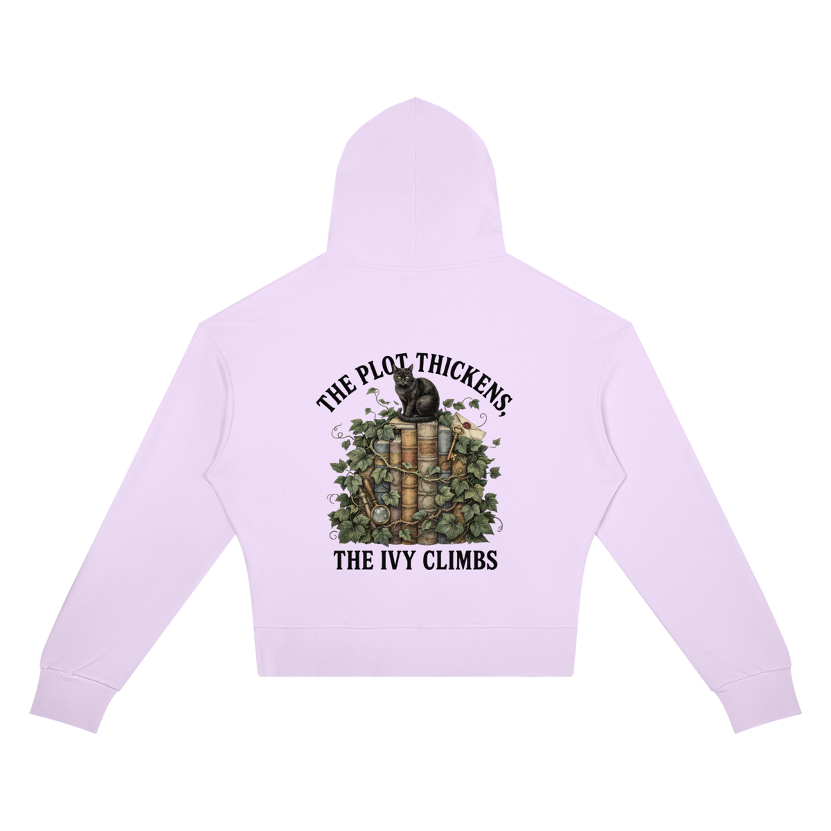 Women’s cropped drop-shoulder hoodie with a black cat on ivy-covered books, The Plot Thickens, The Ivy Climbs back print