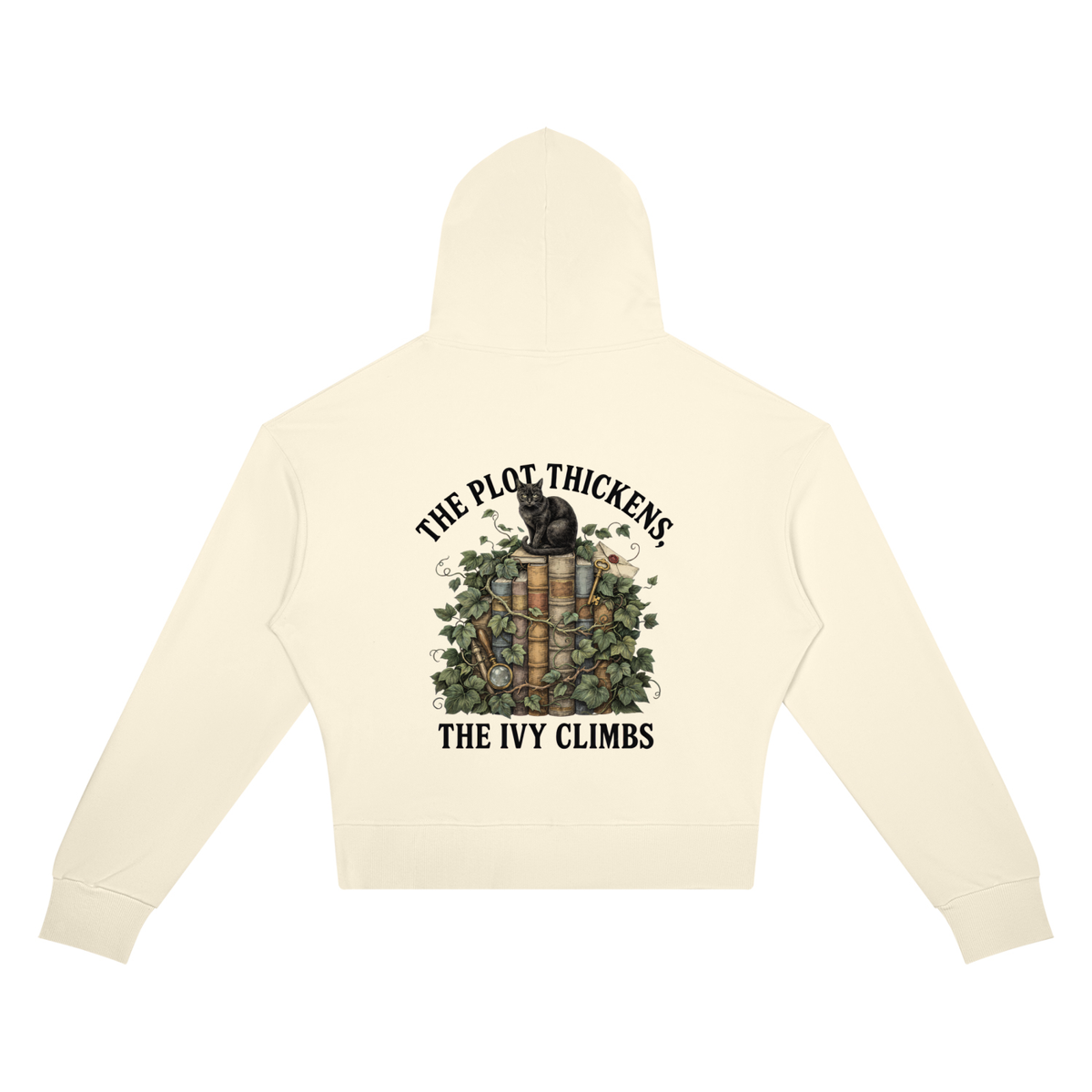 Women’s cropped drop-shoulder hoodie with a black cat on ivy-covered books, The Plot Thickens, The Ivy Climbs back print