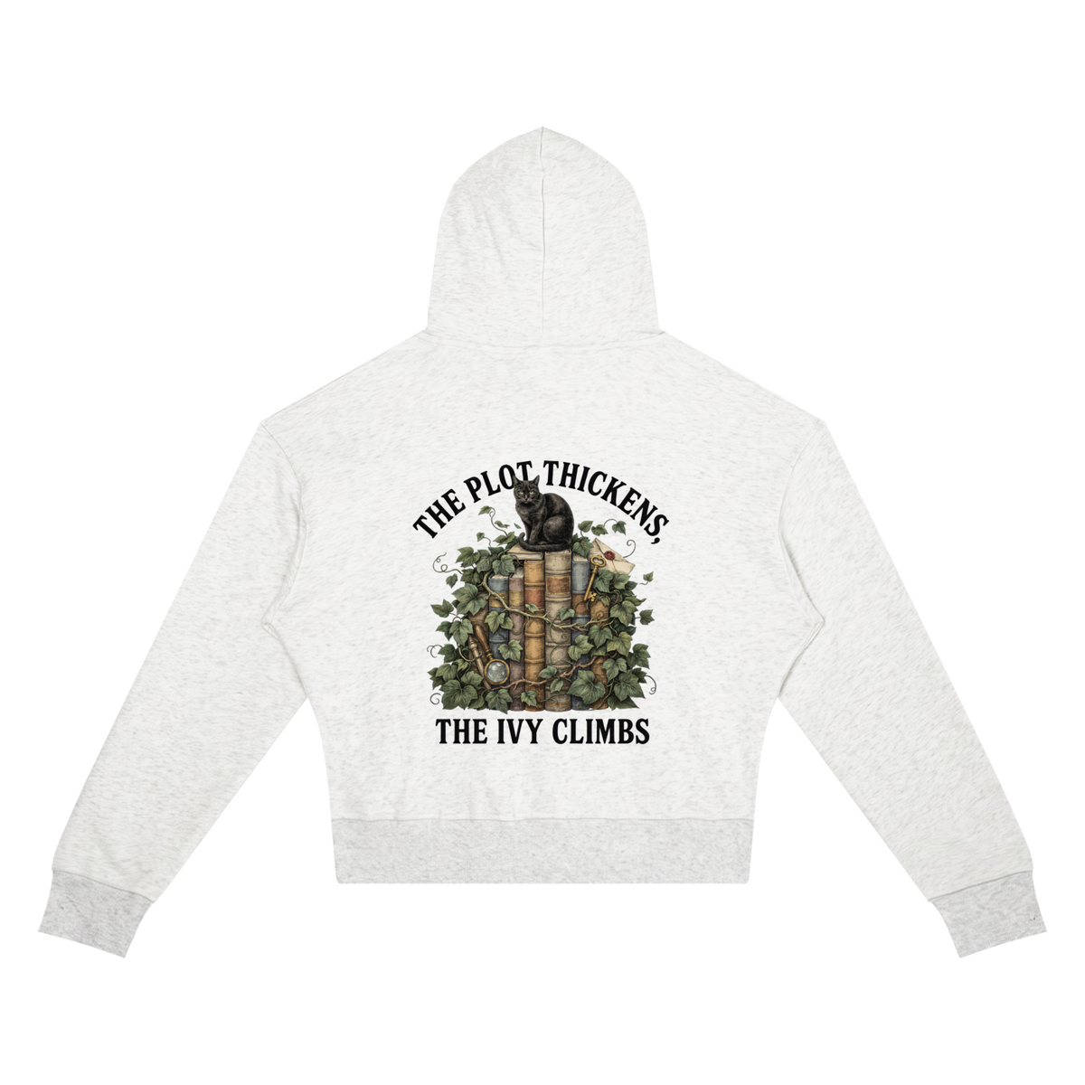 Women’s cropped drop-shoulder hoodie with a black cat on ivy-covered books, The Plot Thickens, The Ivy Climbs back print