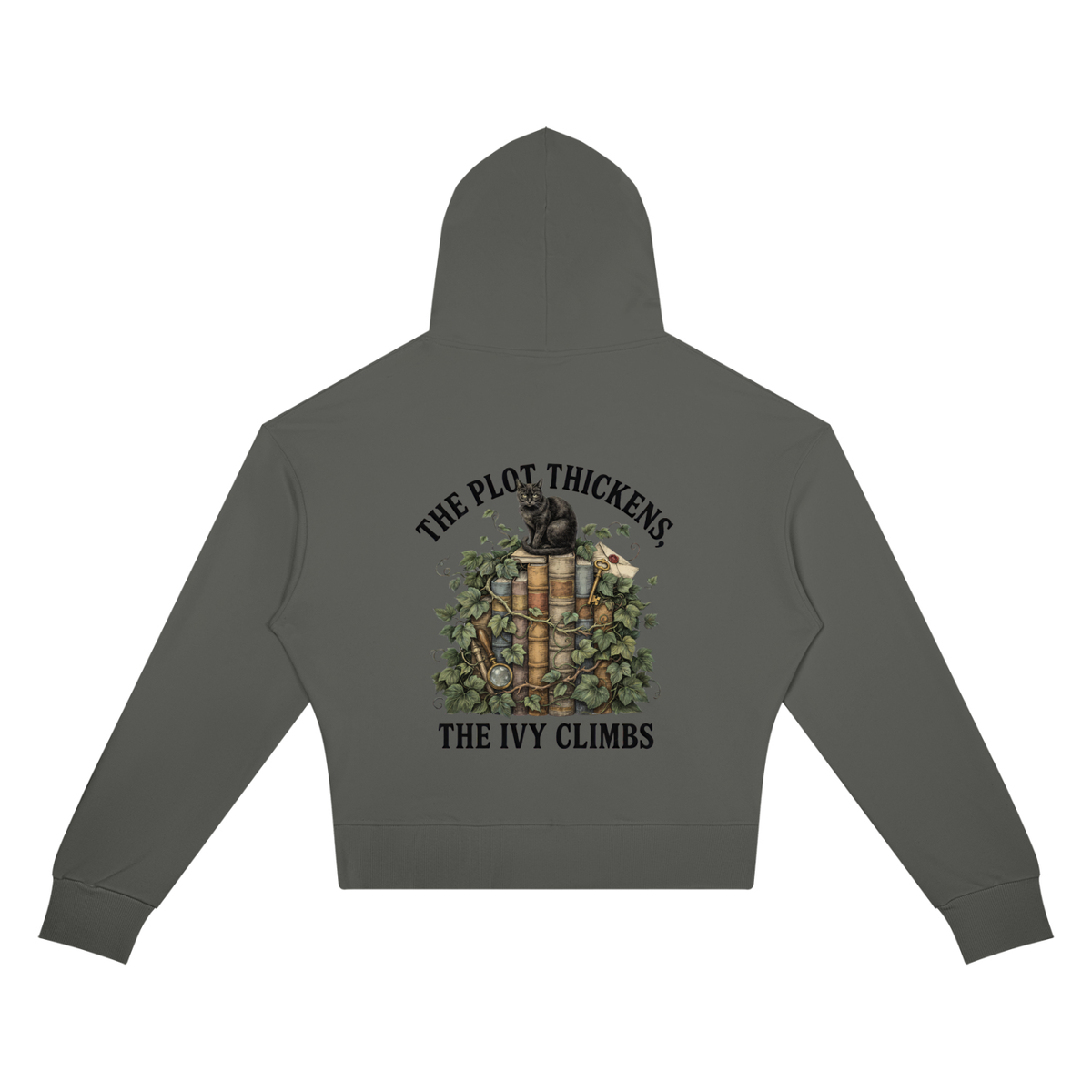 Women’s cropped drop-shoulder hoodie with a black cat on ivy-covered books, The Plot Thickens, The Ivy Climbs back print