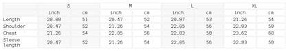 Size chart for the cropped drop-shoulder hoodie
