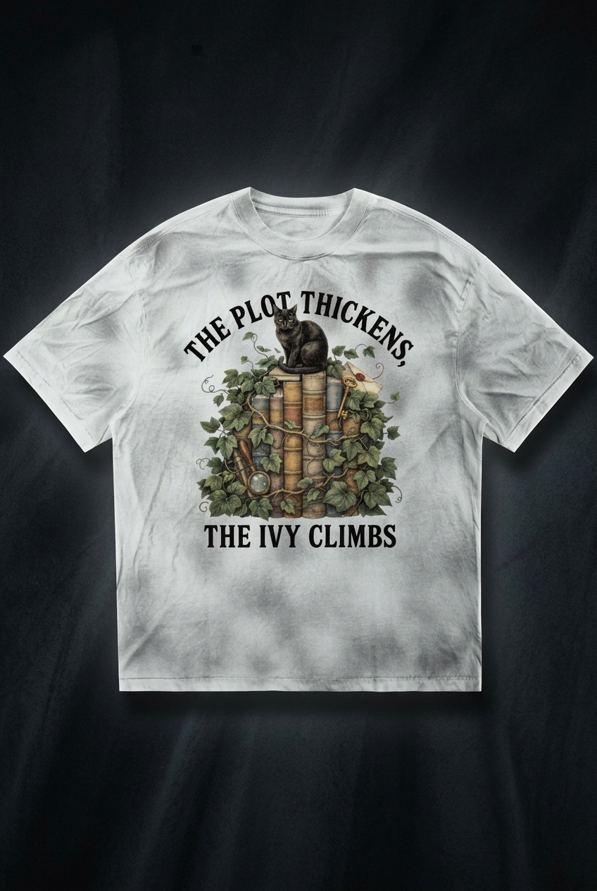 Women’s dirty-washed loose tee with a black cat on ivy-covered books, The Plot Thickens, The Ivy Climbs front print