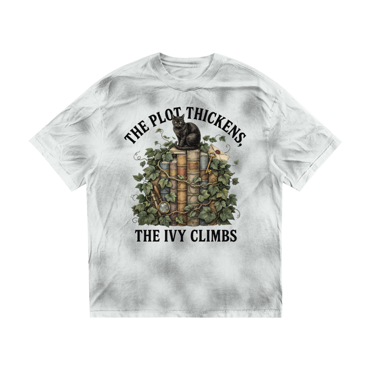 Women’s dirty-washed loose tee with a black cat on ivy-covered books, The Plot Thickens, The Ivy Climbs front print