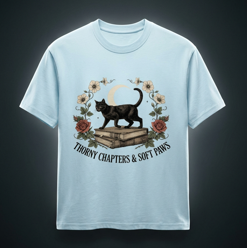 Unisex oversized heavyweight cotton tee with a black cat walking over old books under a crescent moon, Thorny Chapters & Soft Paws front print