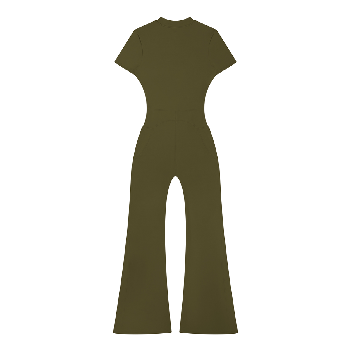 Women's Tight Flared Leg Quarter-Zip Jumpsuit in army green, alternate angle