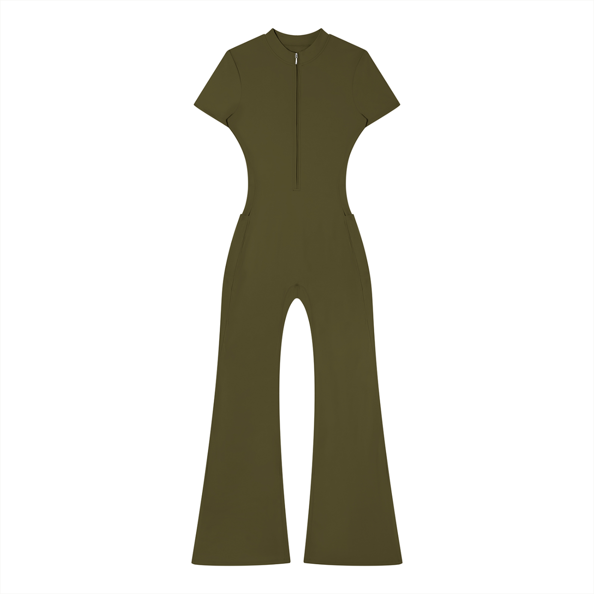Women's Tight Flared Leg Quarter-Zip Jumpsuit in army green