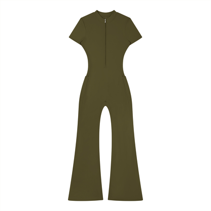 Women's Tight Flared Leg Quarter-Zip Jumpsuit in army green