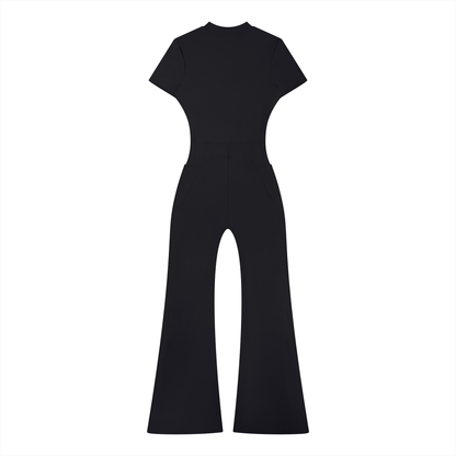 Women's Tight Flared Leg Quarter-Zip Jumpsuit in black, alternate angle