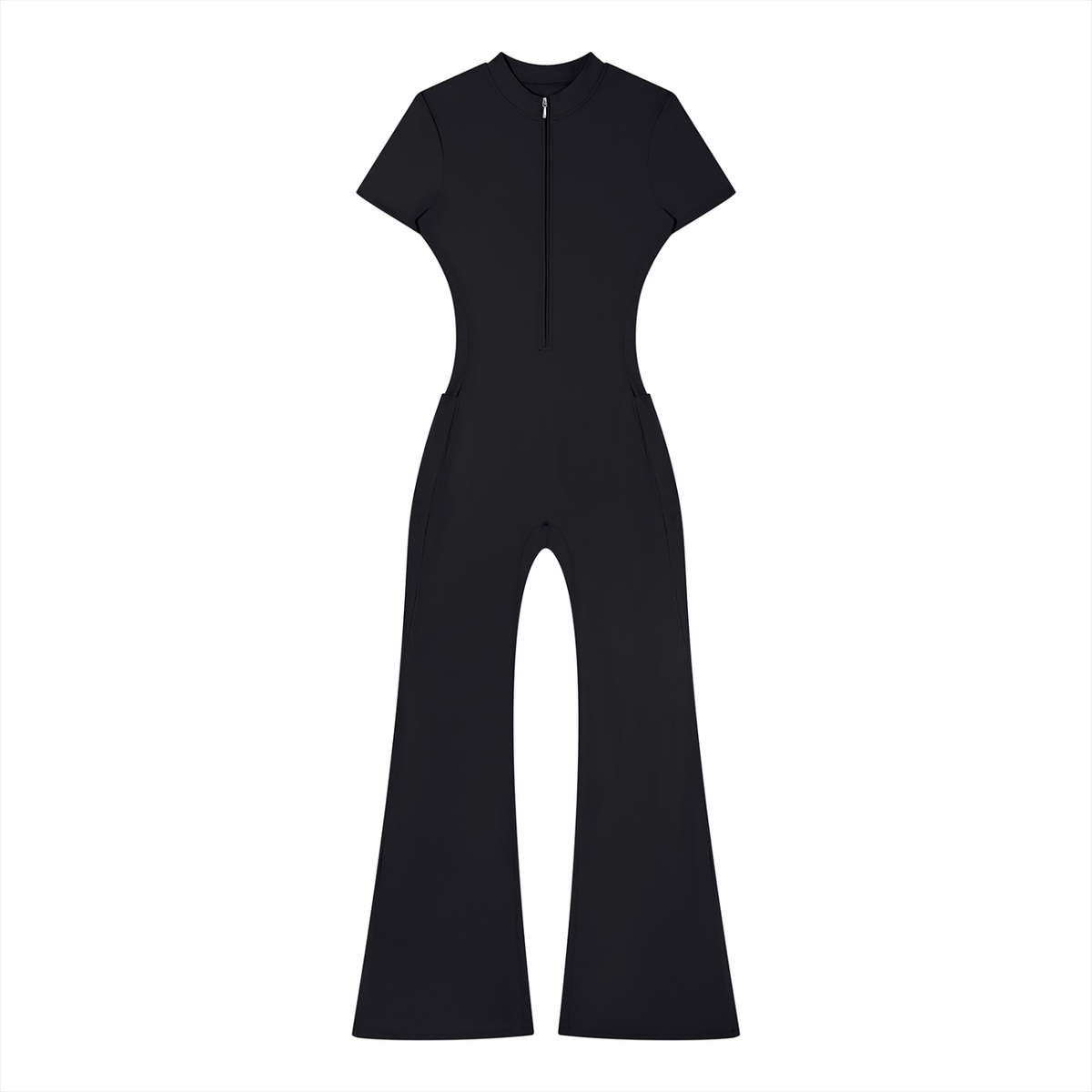 Women's Tight Flared Leg Quarter-Zip Jumpsuit in black