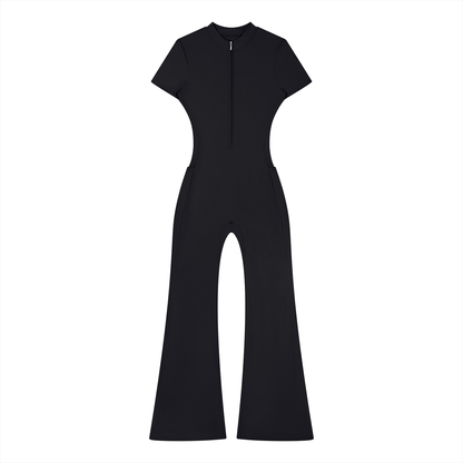 Women's Tight Flared Leg Quarter-Zip Jumpsuit in black