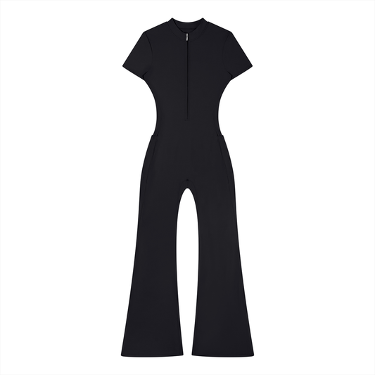 Women's Tight Flared Leg Quarter-Zip Jumpsuit in black