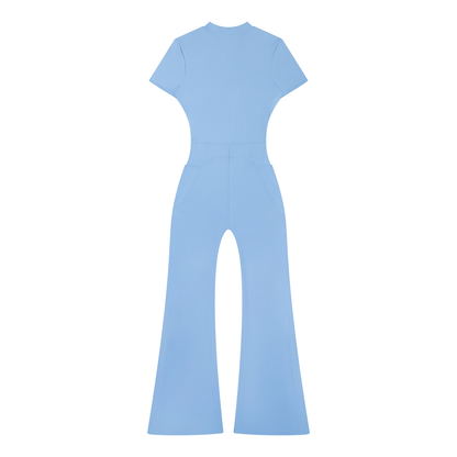 Women's Tight Flared Leg Quarter-Zip Jumpsuit in blue, alternate angle