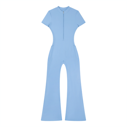 Women's Tight Flared Leg Quarter-Zip Jumpsuit in blue