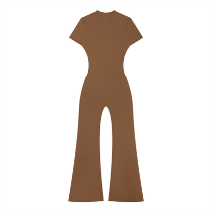 Women's Tight Flared Leg Quarter-Zip Jumpsuit in brown, alternate angle