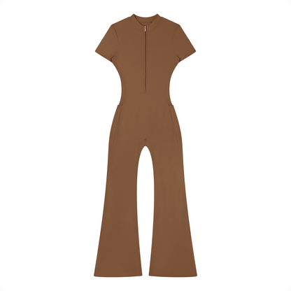 Women's Tight Flared Leg Quarter-Zip Jumpsuit in brown