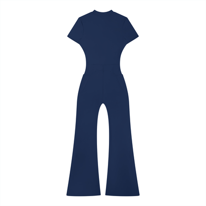 Women's Tight Flared Leg Quarter-Zip Jumpsuit in royal blue, alternate angle
