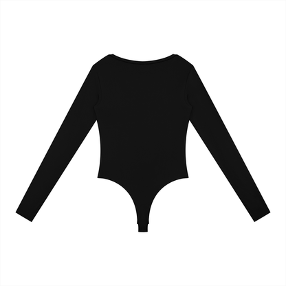 Women's Tight Long Sleeve Yoga Bodysuit in black, alternate angle