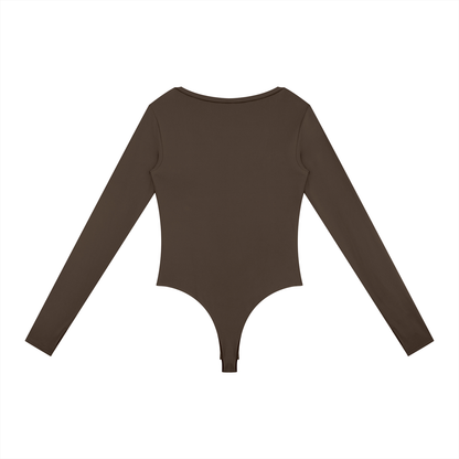 Women's Tight Long Sleeve Yoga Bodysuit in coffee, alternate angle