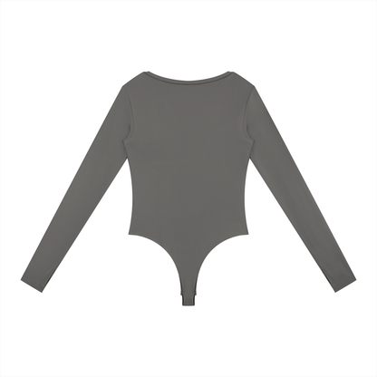Women's Tight Long Sleeve Yoga Bodysuit in gray, alternate angle
