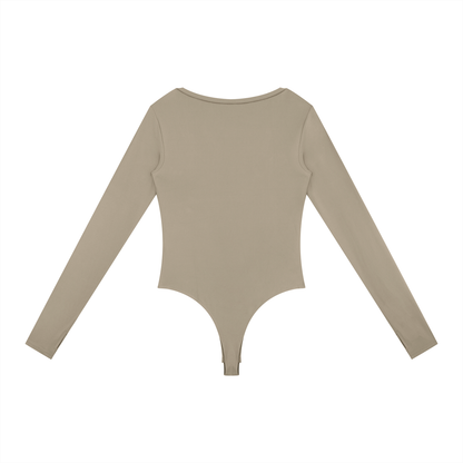 Women's Tight Long Sleeve Yoga Bodysuit in khaki, alternate angle