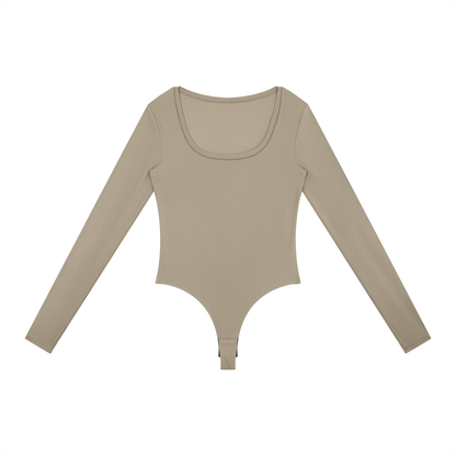 Women's Tight Long Sleeve Yoga Bodysuit in khaki
